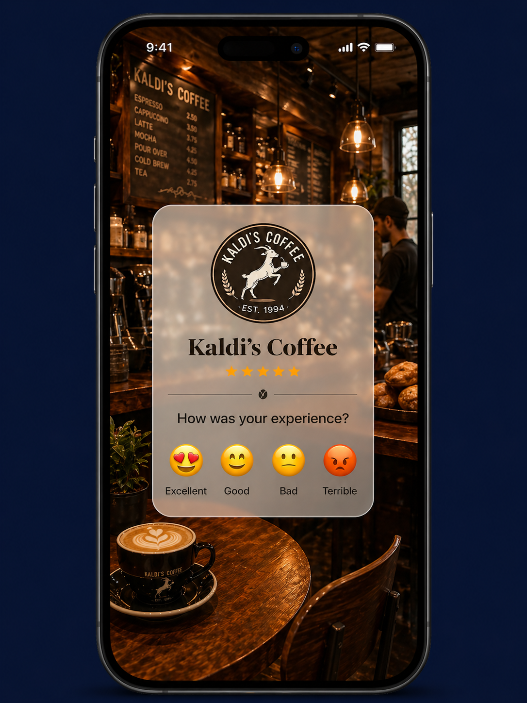 IQ Survey app showing Kaldi's Coffee customer feedback interface with emoji ratings