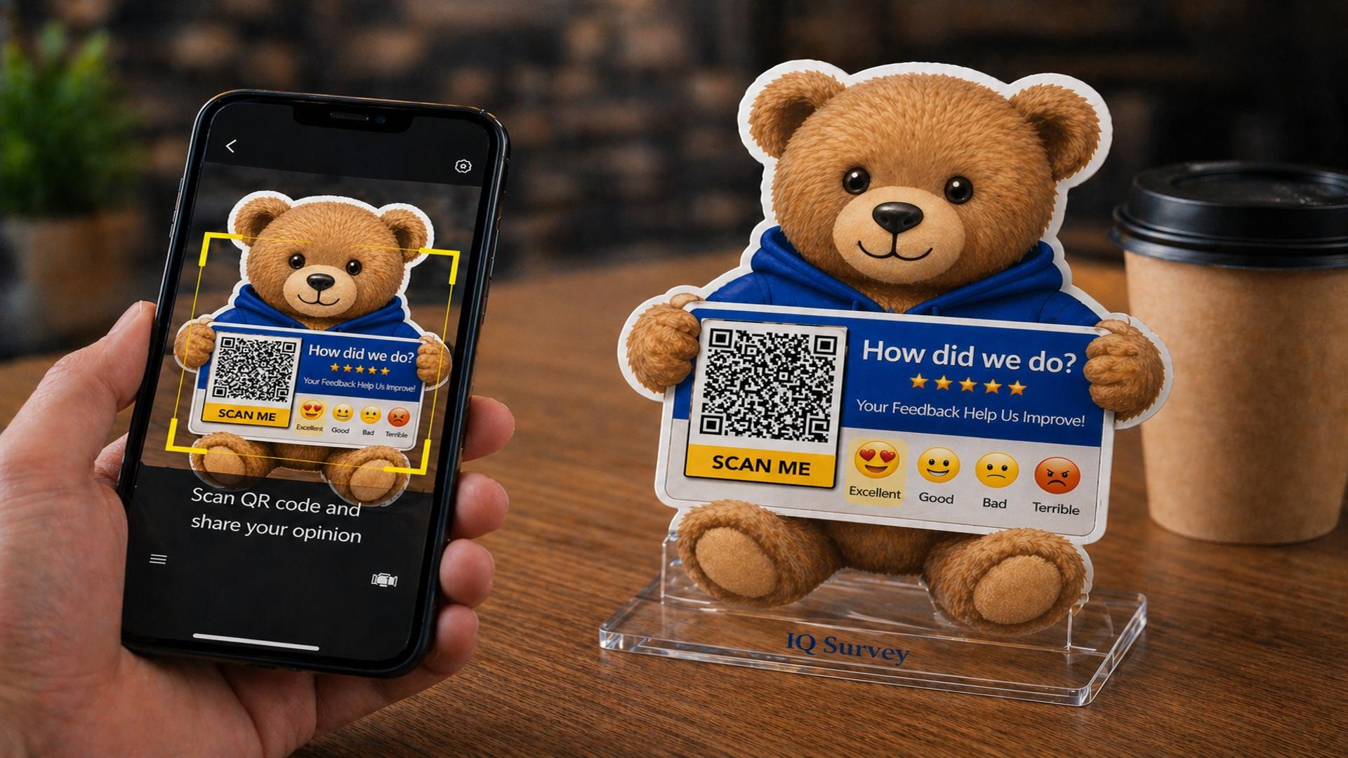 IQ Survey in action - Customer scanning QR code on teddy bear mascot display stand with How did we do feedback card